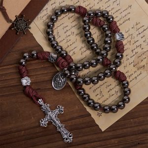 Christianartworkshop Rugged Metallic Beads Paracord Rosary with Paw Charms & St. Michael