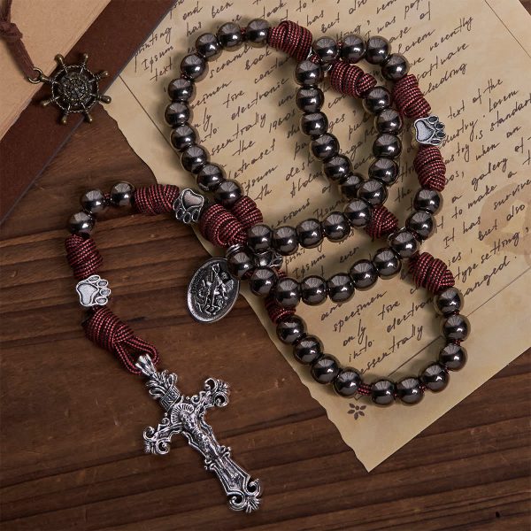 Christianartworkshop Rugged Metallic Beads Paracord Rosary with Paw Charms & St. Michael