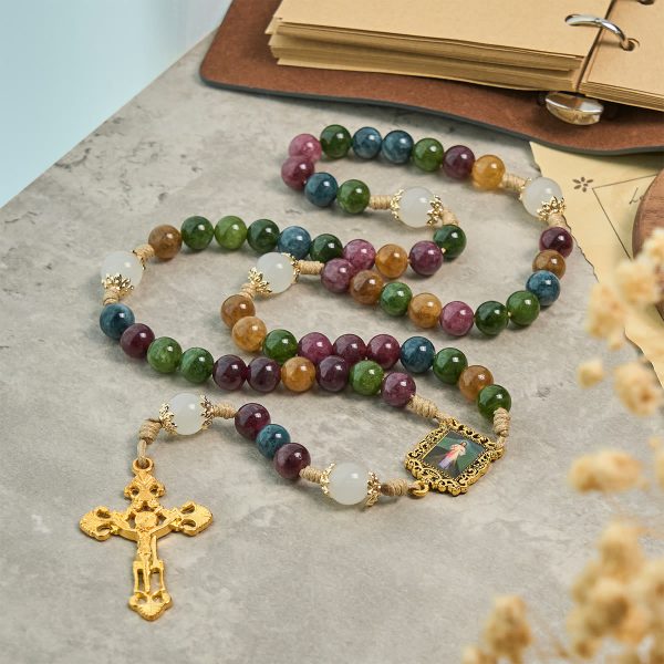 Christianartworkshop Colorful Tourmaline Beads Rosary with Square Divine Mercy and Golden Crucifix