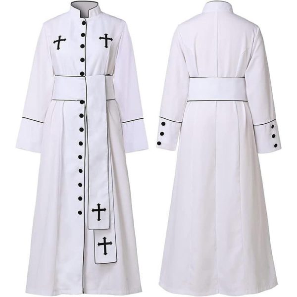 Christianartworkshop Ceremonial Black and White Stand Collar Clergy Robe with Belt & Cross Motifs