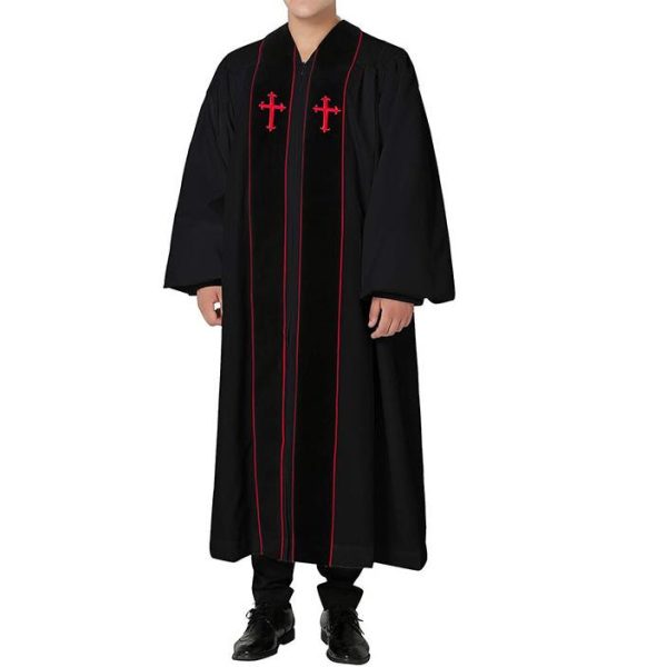 Christianartworkshop Traditional Black Clergy Robe with Red Cross Embroidery & Formal Design