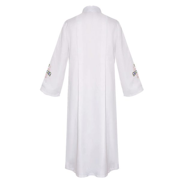 Christianartworkshop Traditional White High Collar Clergy Robe with Ornate Colorful Cross