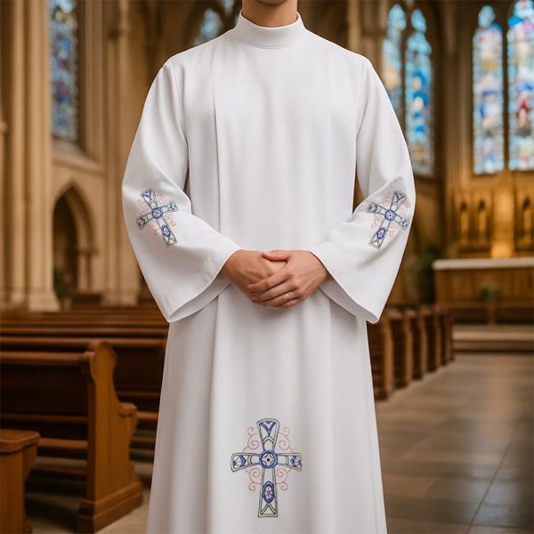 Christianartworkshop Traditional White High Collar Clergy Robe with Ornate Colorful Cross