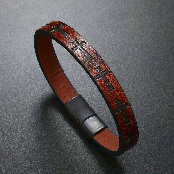Christian Leather Magnetic Bracelet with Cross Motifs - Multicolor