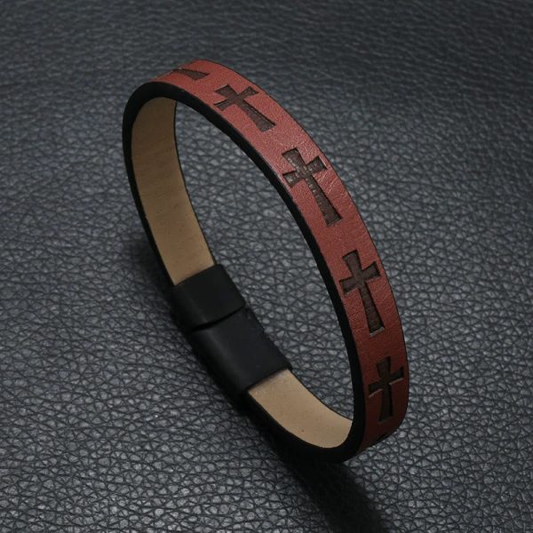 Christianartworkshop Classic Style Multicolor Leather Magnetic Buckle Bracelet with Cross Motifs