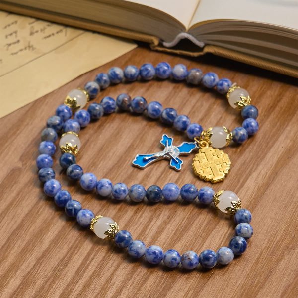Artisanal Elastic 4mm Blue Stone Rosary Bracelet with Crucifix & Jerusalem Cross