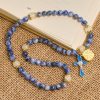 Artisanal Elastic 4mm Blue Stone Rosary Bracelet with Crucifix & Jerusalem Cross