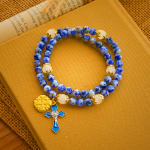 Artisanal Elastic 4mm Blue Stone Rosary Bracelet with Crucifix & Jerusalem Cross