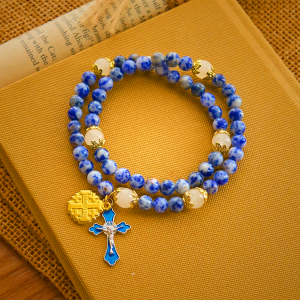 Artisanal Elastic 4mm Blue Stone Rosary Bracelet with Crucifix & Jerusalem Cross