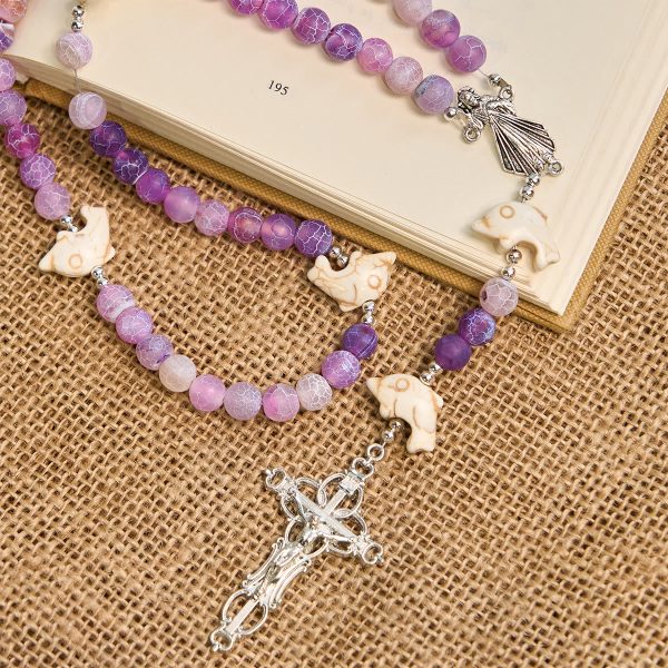 Ocean of Faith Purple Weathered Agate and Dolphin Charms Animal Rosary