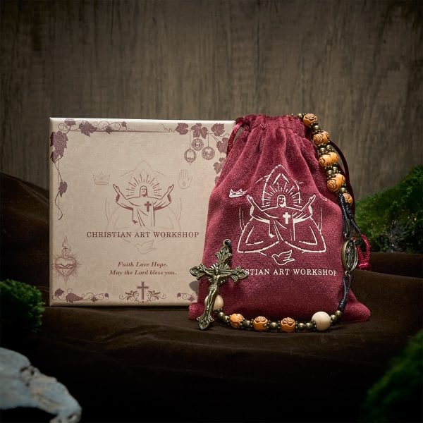 Christianartworkshop Exquisite Rose Beads with Bronze Crucifix & Miraculous Medal Rosary