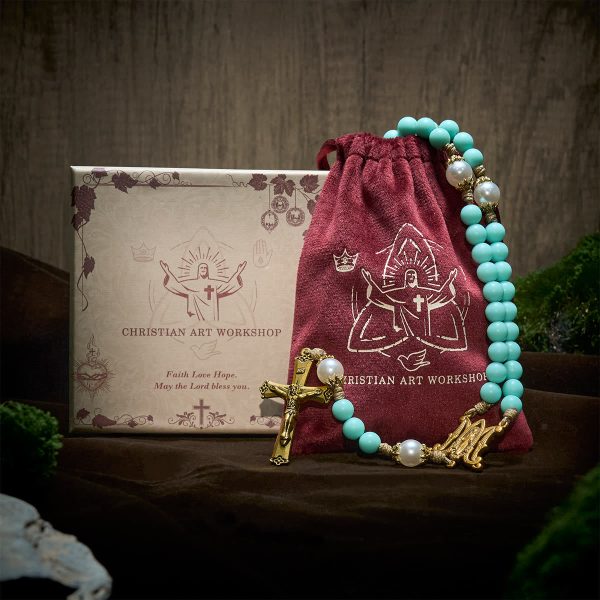 Handmade Mint Green Beads & Pearl with Miraculous Medal & Crucifix Rosary