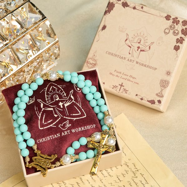 Handmade Mint Green Beads & Pearl with Miraculous Medal & Crucifix Rosary