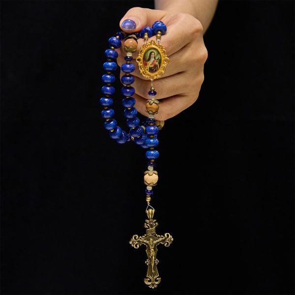 Christianartworkshop Handmade St. Therese of Lisieux Medal & Crucifix 8*10mm Oblate Lapis Lazuli & Map Stone Rosary