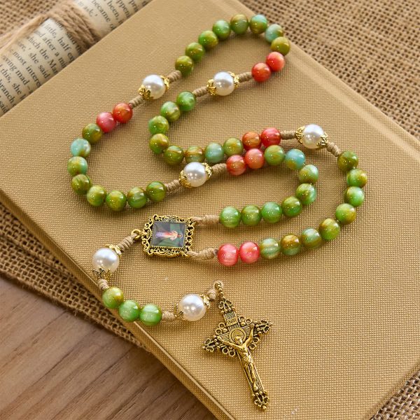 Handcrafted Christmas Blessings Divine Mercy Rosary with Red Green Beads and Bronze Crucifix