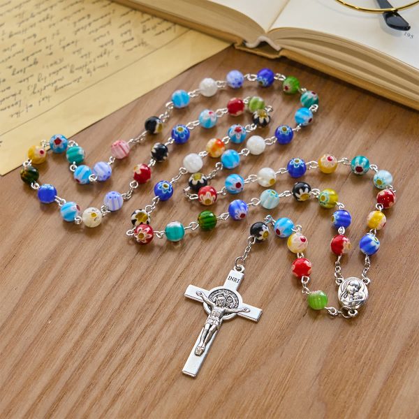 Multicolored Vibrant Flower Pattern Murano Beads Rosary with Madonna and Child