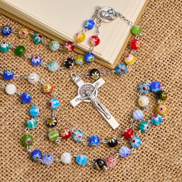 Multicolored Vibrant Flower Pattern Murano Beads Rosary with Madonna and Child