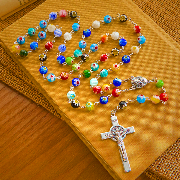 Multicolored Vibrant Flower Pattern Murano Beads Rosary with Madonna and Child