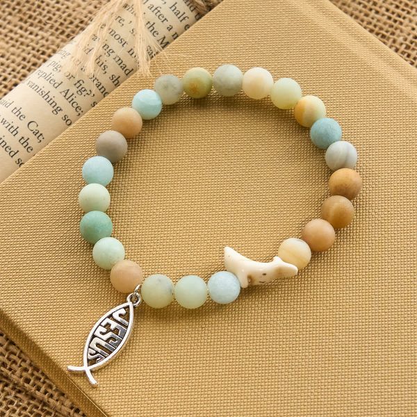 Christianartworkshop Ocean Grace Dolphin Blessing with Natural Malachite & Ichthys Charm Animal Bracelet