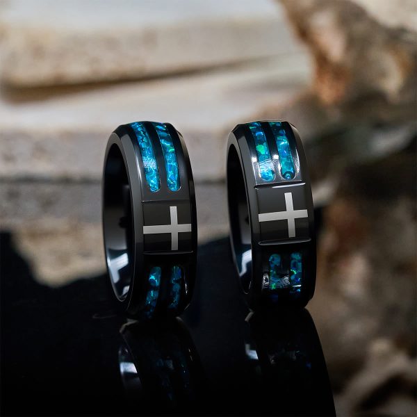 Christianartworkshop Modern Titanium Steel Cross Ring with Laser Blue Inlay: Serenity in Christ's Blue Light