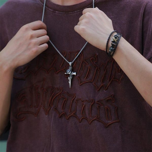 Christianartworkshop Rose Wrapped Cross Faith Necklace with Gothic Floral Design