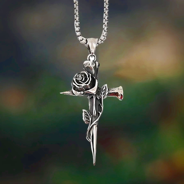 Rose Wrapped Cross Faith Necklace with Gothic Floral Design