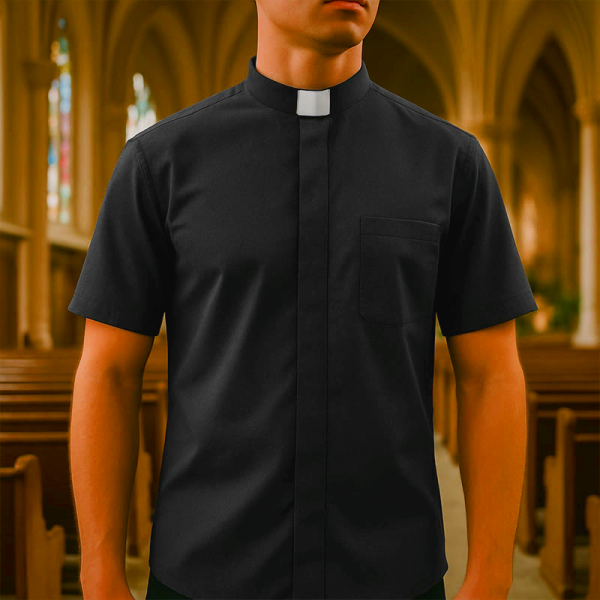 Modern Unisex Clergy Shirt with White Tab Collar: Elegant Black Faithwear
