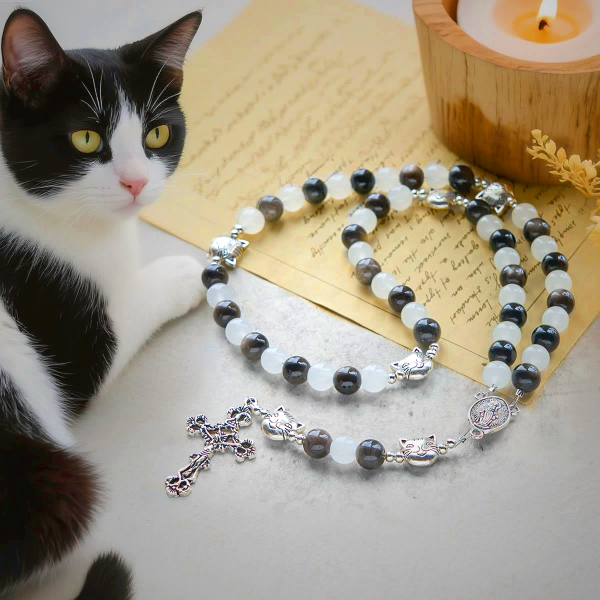 Our Lady's Blessing with Black & White Cow Cat Beads Bracelet, Animal Rosary