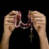 Christianartworkshop Elegant Persian Pink and Black Jade Beads Rosary with Our Lady's Blessing