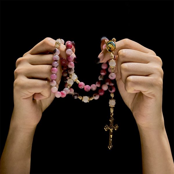 Christianartworkshop Elegant Persian Pink and Black Jade Beads Rosary with Our Lady's Blessing