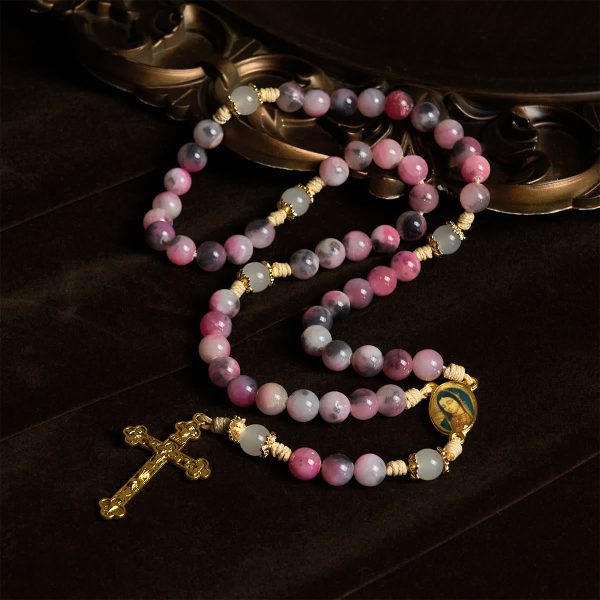 Christianartworkshop Elegant Persian Pink and Black Jade Beads Rosary with Our Lady's Blessing
