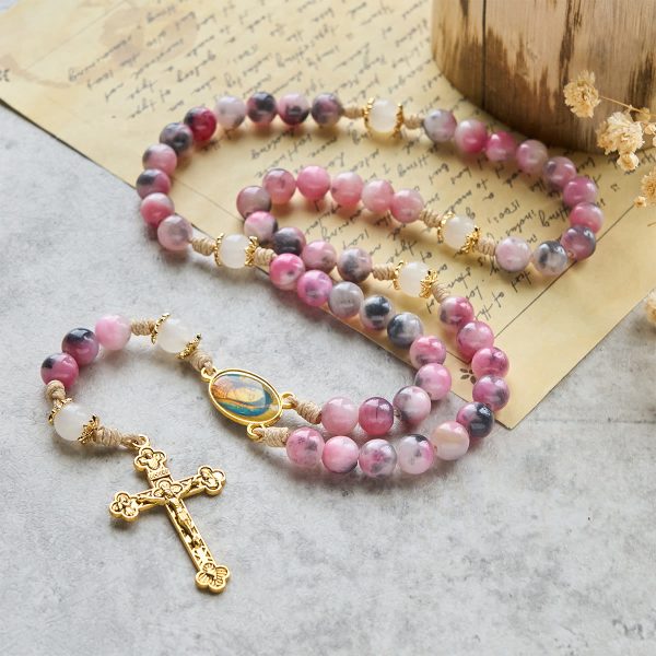 Christianartworkshop Elegant Persian Pink and Black Jade Beads Rosary with Our Lady's Blessing