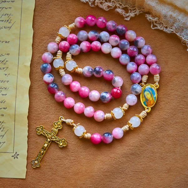 Elegant Persian Pink and Black Jade Beads Rosary with Our Lady's Blessing