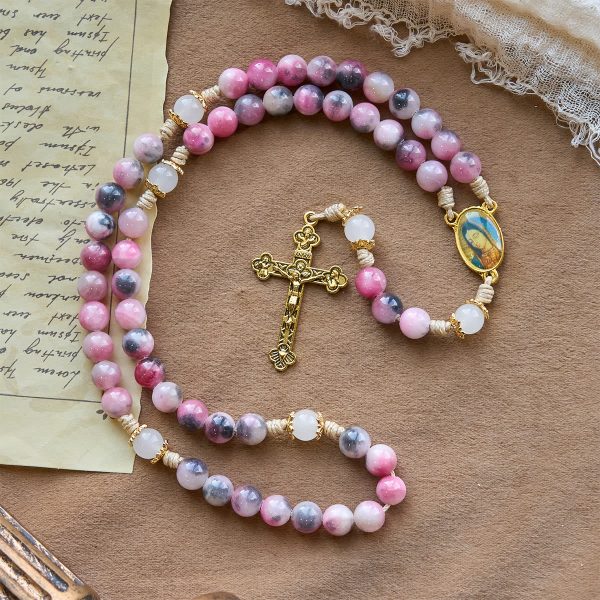 Christianartworkshop Elegant Persian Pink and Black Jade Beads Rosary with Our Lady's Blessing