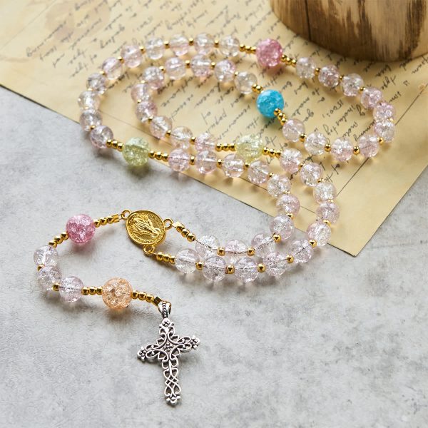 Rainbow Light 8mm Crackle Glass Beads Rosary with Our Lady & Cross