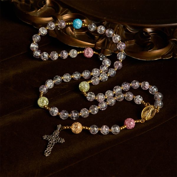 Rainbow Light 8mm Crackle Glass Beads Rosary with Our Lady & Cross