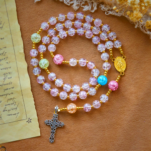 Rainbow Light 8mm Crackle Glass Beads Rosary with Our Lady & Cross