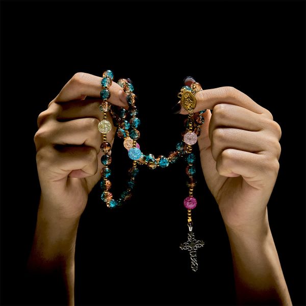 Divine Harmony Radiance Blue-Red Crackle Beads Rosary with Cross of Faith