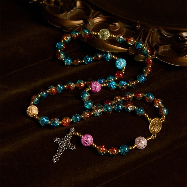 Divine Harmony Radiance Blue-Red Crackle Beads Rosary with Cross of Faith