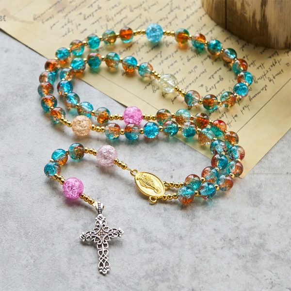 Divine Harmony Radiance Blue-Red Crackle Beads Rosary with Cross of Faith