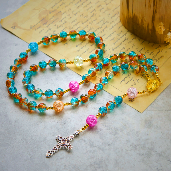 Divine Harmony Radiance Blue-Red Crackle Beads Rosary with Cross of Faith