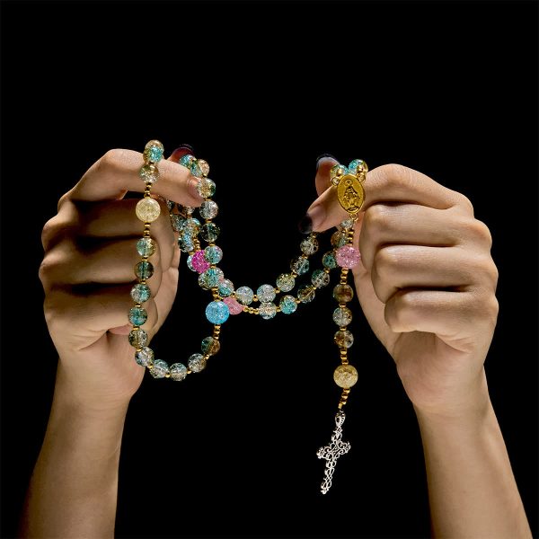 Glittering 8mm Ocean-Inspired Crackle Glass Rosary with Our Lady Medal