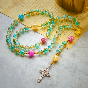 Glittering 8mm Ocean-Inspired Crackle Glass Rosary with Our Lady Medal