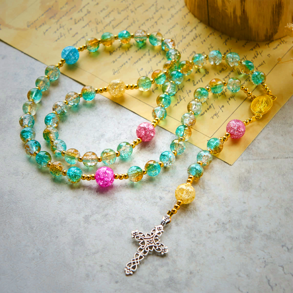 Glittering 8mm Ocean-Inspired Crackle Glass Rosary with Our Lady Medal