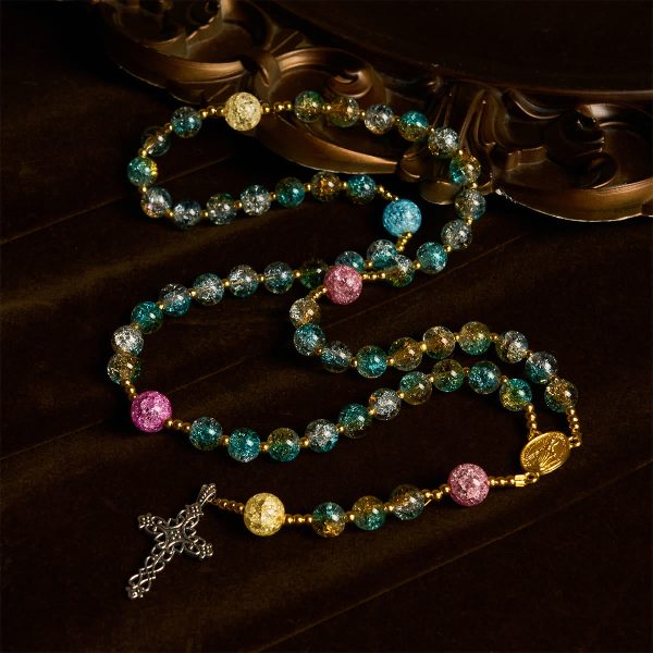 Glittering 8mm Ocean-Inspired Crackle Glass Rosary with Our Lady Medal