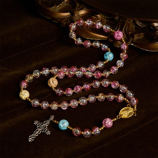 Our Lady's Mercy with Sparkling Pink-Blue Crackle Glass Rosary