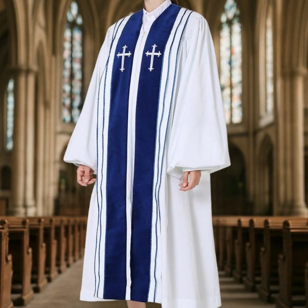 Christianartworkshop White Church Clergy Robe with Embroidered Crosses and Blue Panel Design