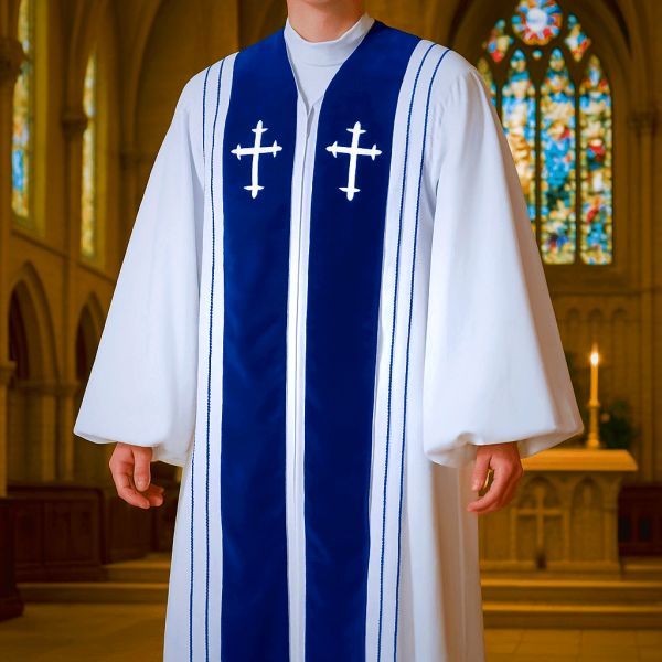 White Clergy Robe with Cross Embroidery & Blue Panels for Church Services