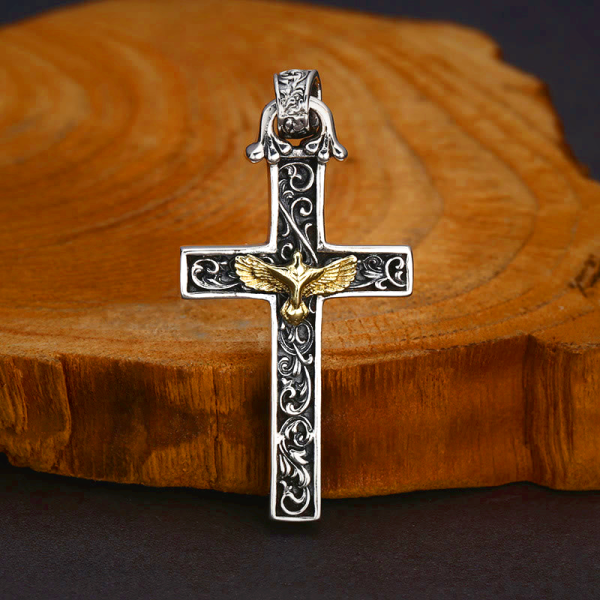 Intricate Sterling Silver Cross Necklace with Golden Dove: An Exquisite Blend of Detail and Devotion