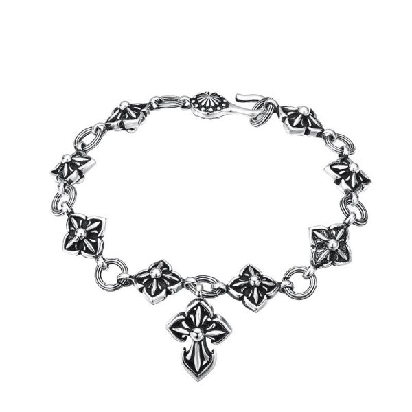 Retro - Styled Sterling Silver Cross Bracelet with Floral Motifs: A Nostalgic Sign of Faith